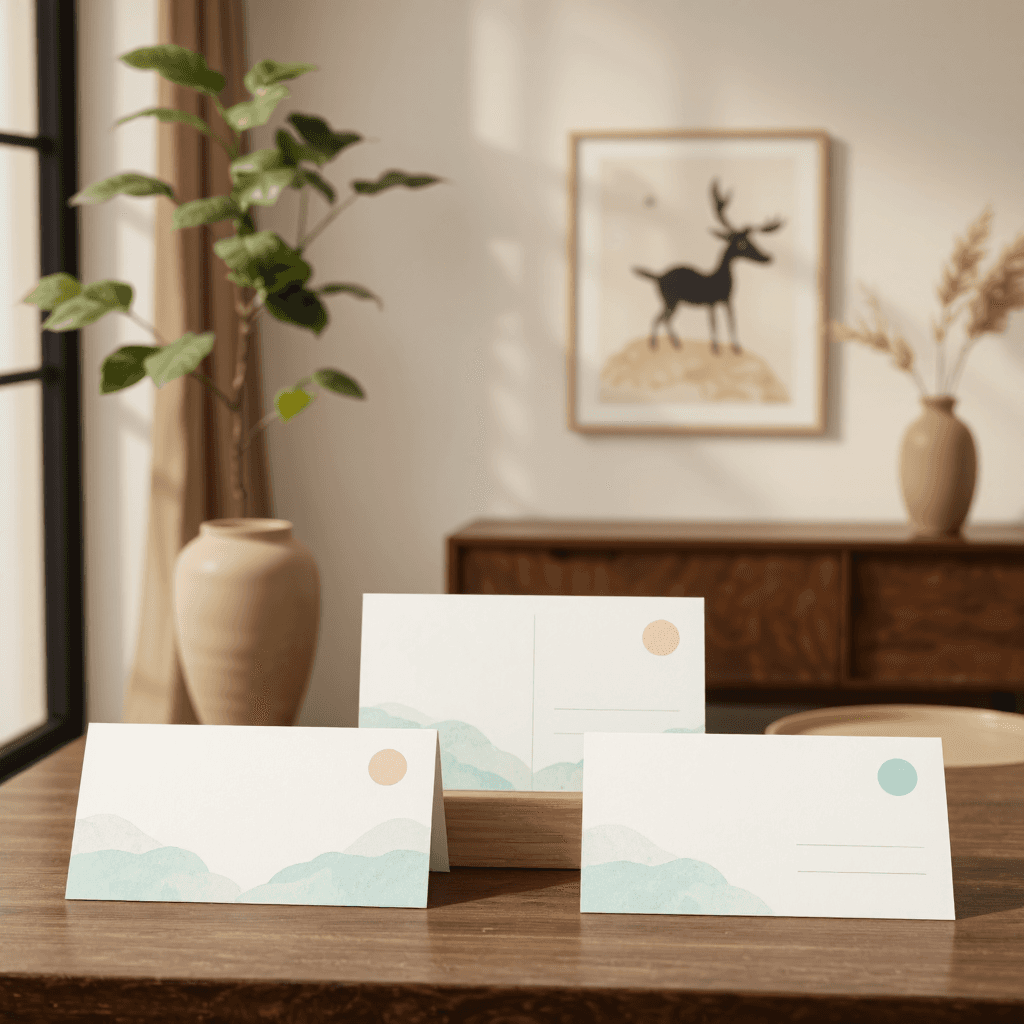 product photography of set of decorative postcards with playful designs