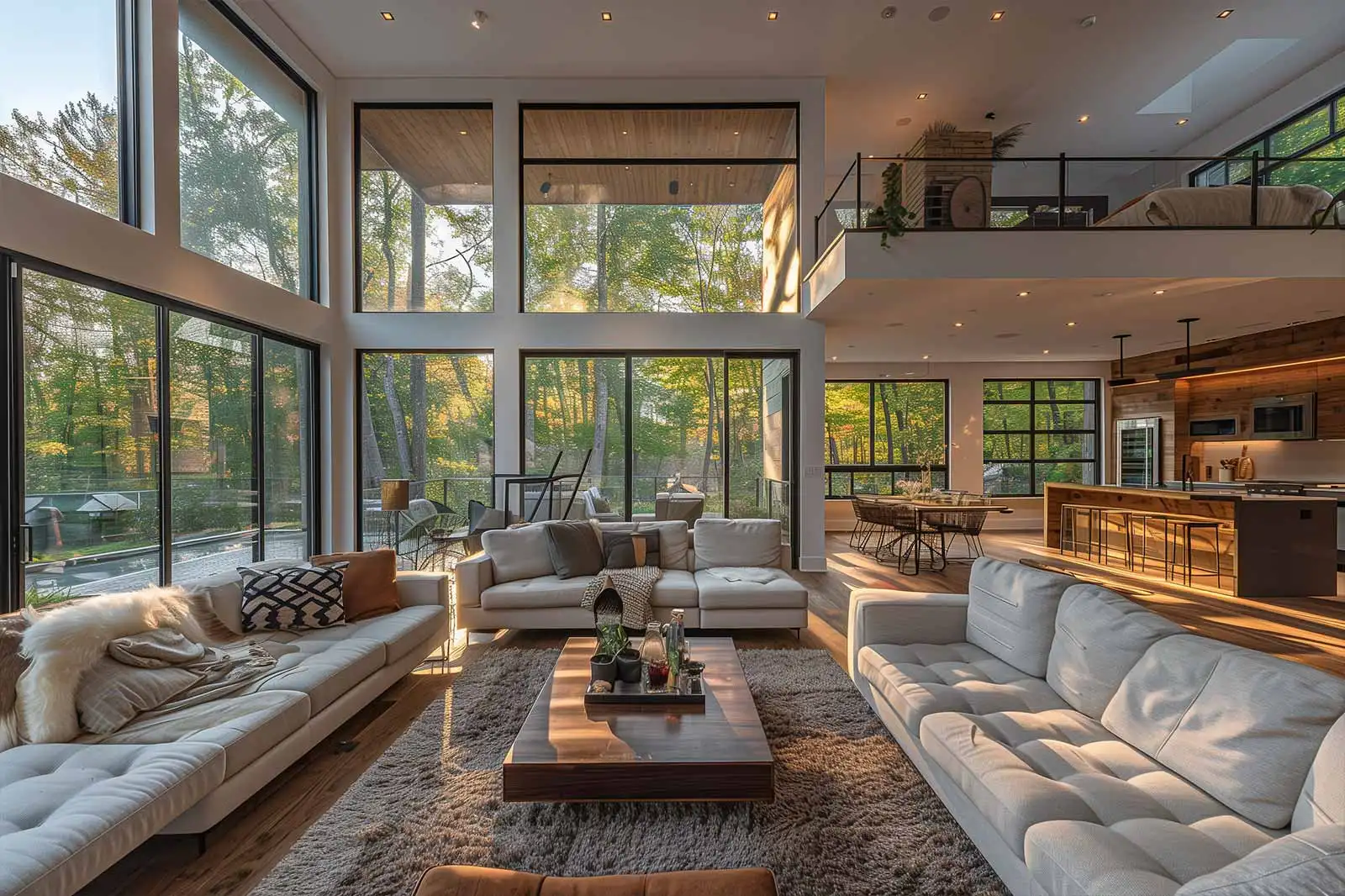 Spacious modern living area with oversized floor-to-ceiling windows, cozy sofas, a coffee table, and an open kitchen with a dining area, surrounded by a lush green forest