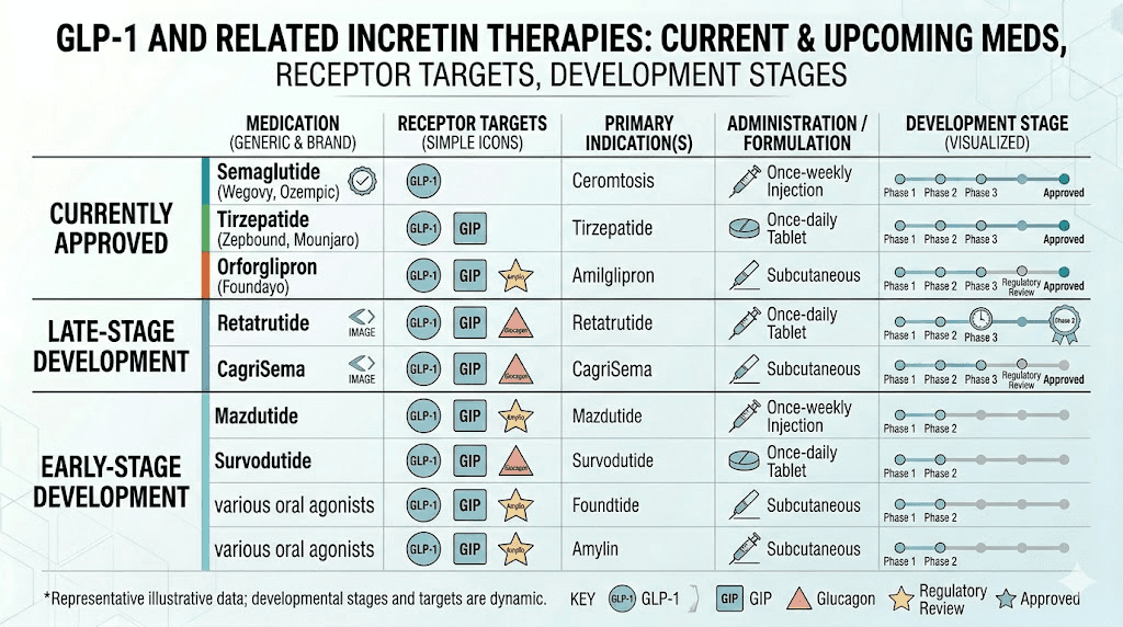 GLP-1 medication landscape comparison showing semaglutide tirzepatide retatrutide and competitors