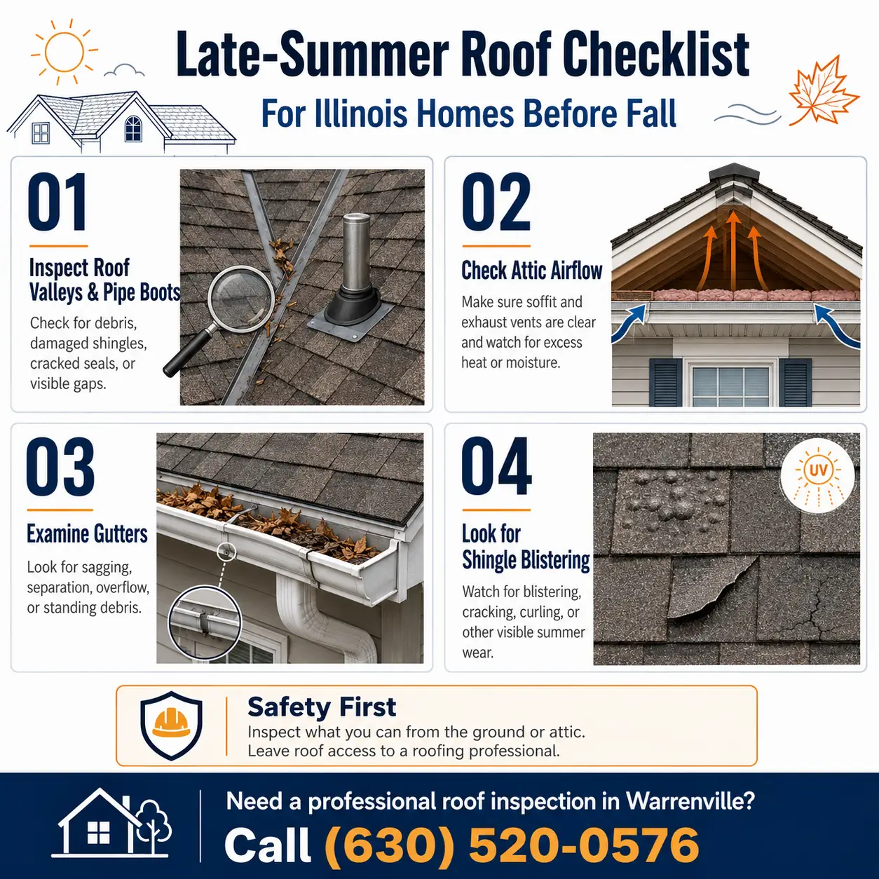 Late-summer roof checklist for Illinois homes covering roof valleys and pipe boots, attic airflow, gutters, and shingle wear
