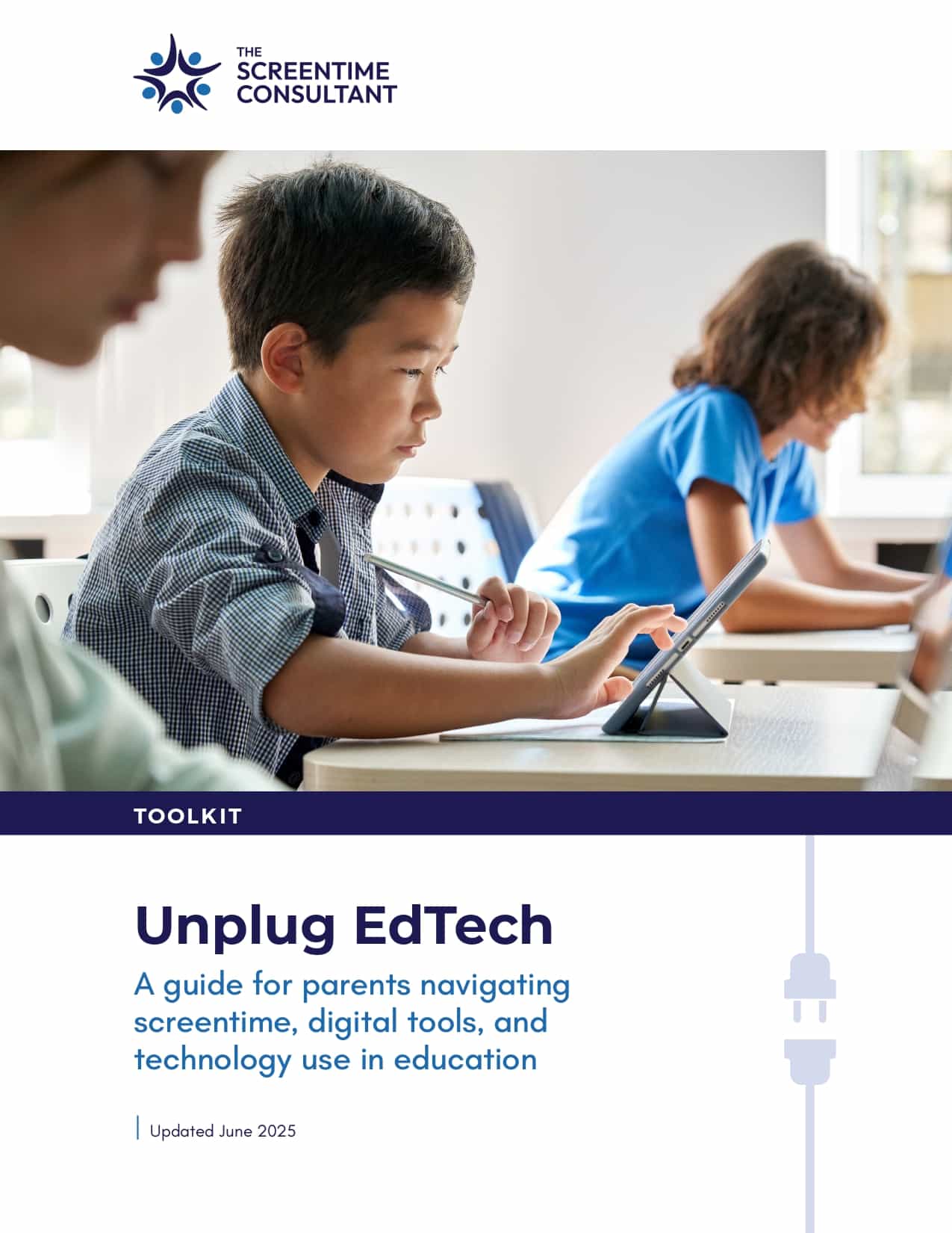A young student in a classroom focuses on using a tablet device while seated at a desk, with peers engaged in similar activities around him; the scene emphasizes digital learning and educational technology tools.