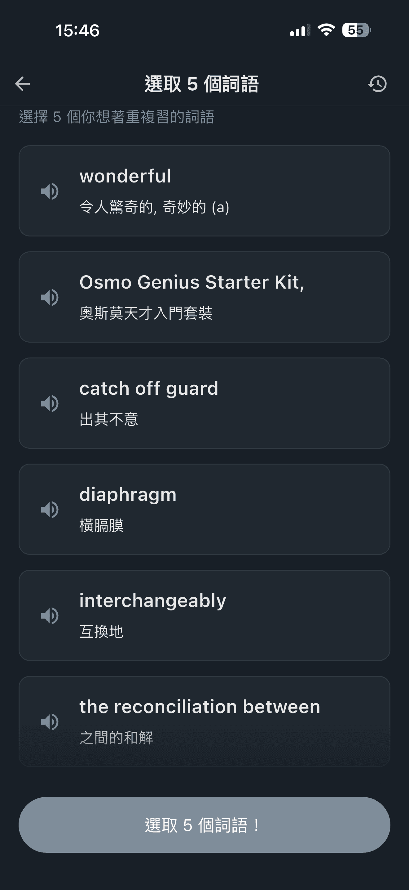 Toko 的 AI 複習中，一次最多可選擇 5 個詞語