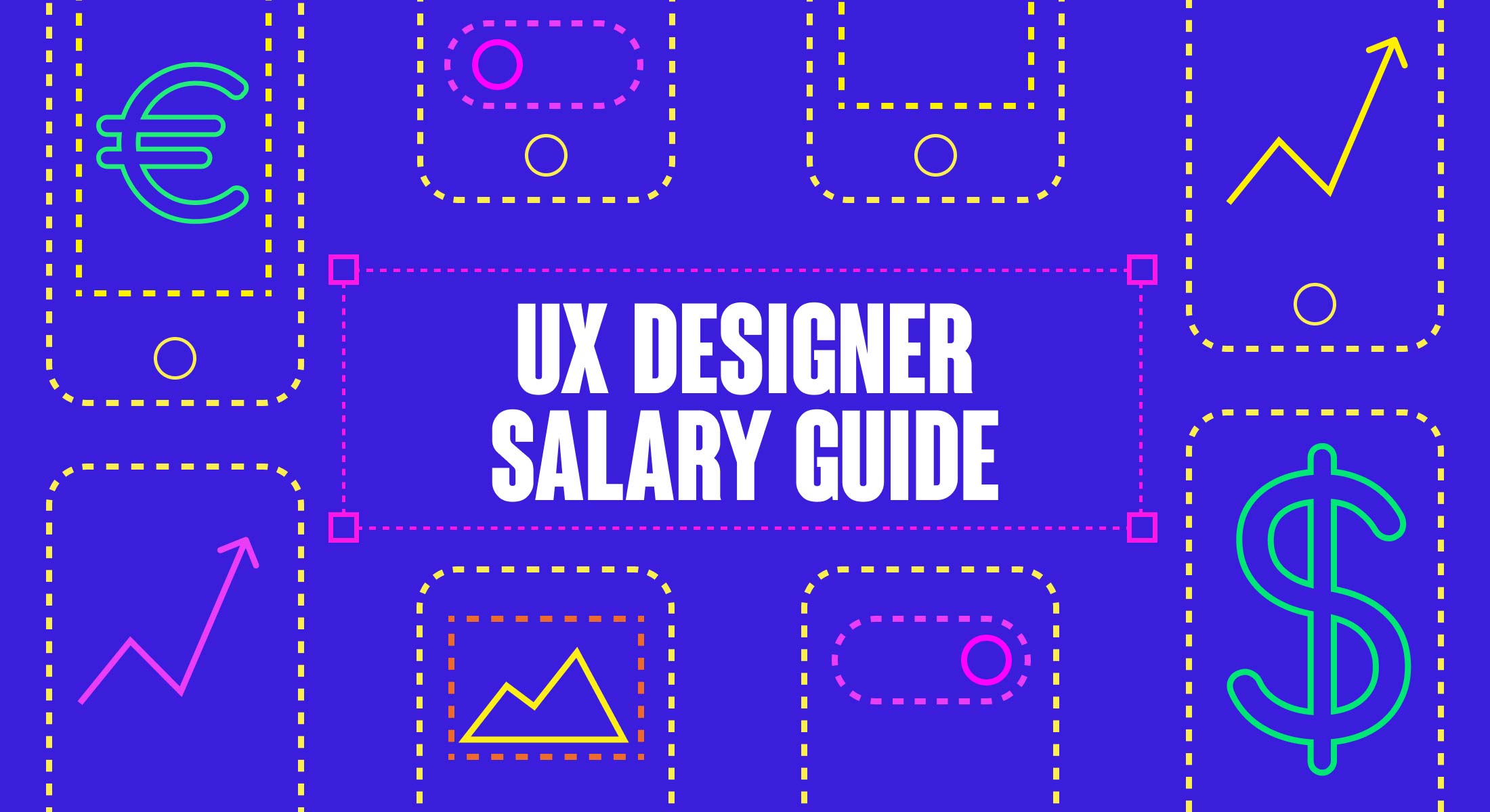 UX Designer Salary Guide banner with dashed chart boxes, growth arrow, euro and dollar signs on purple background