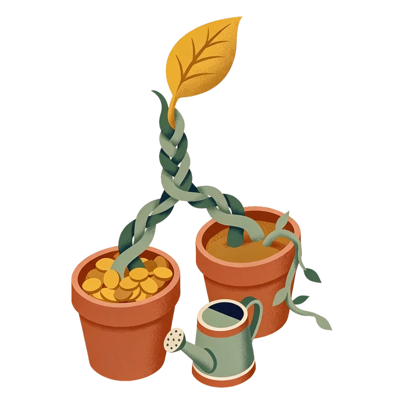 Two potted plants braiding together, one full of coins, with a watering can