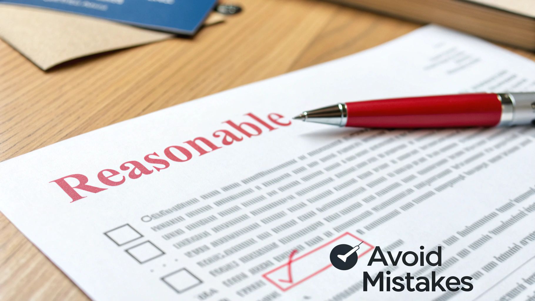 A red pen rests on a document featuring the word 'Reasonable' and a checkbox marked with a red tick. A graphic states 'Avoid Mistakes'.