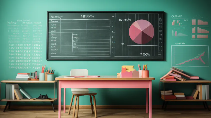 A classroom shows a blackboard on the wall with investing 101 terms and drawings