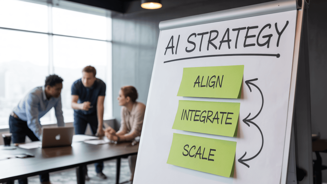 Three diverse professionals collaborating around a conference table with laptops, notebooks, and charts, while a woman in a blazer leads the discussion. A whiteboard labeled 'AI PILOT' with colorful sticky notes is visible in the background, indicating strategic planning and workflow mapping in a modern office setting. With current TrustMary rating