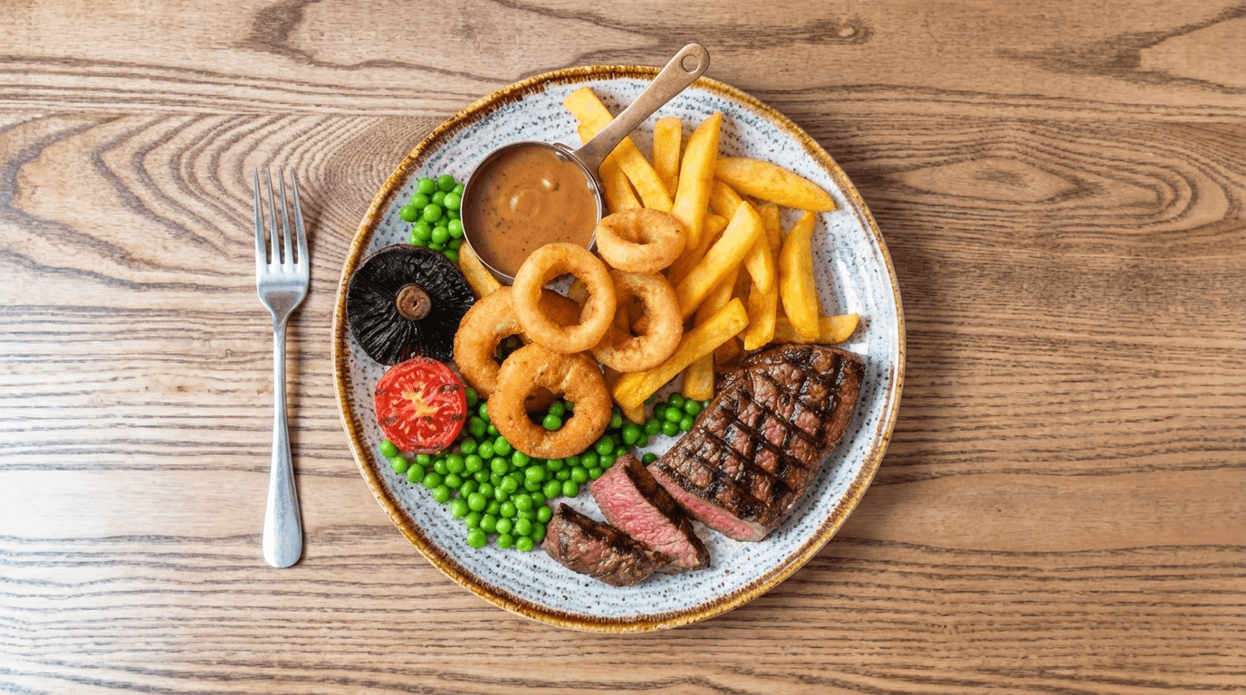 A plate from above with steak fries onion rings