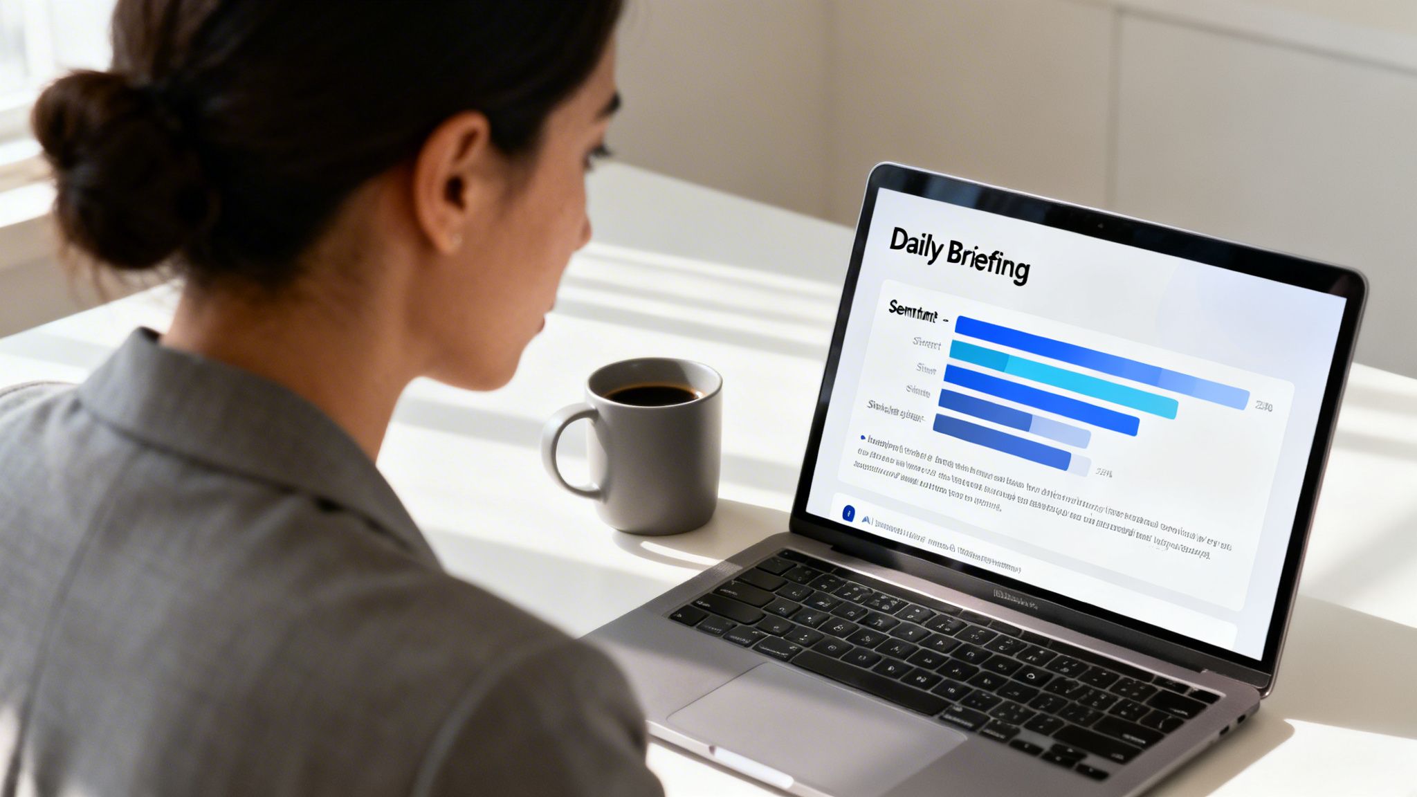 A woman reviews a daily briefing on her laptop, showing sentiment bar charts, with a coffee cup nearby.