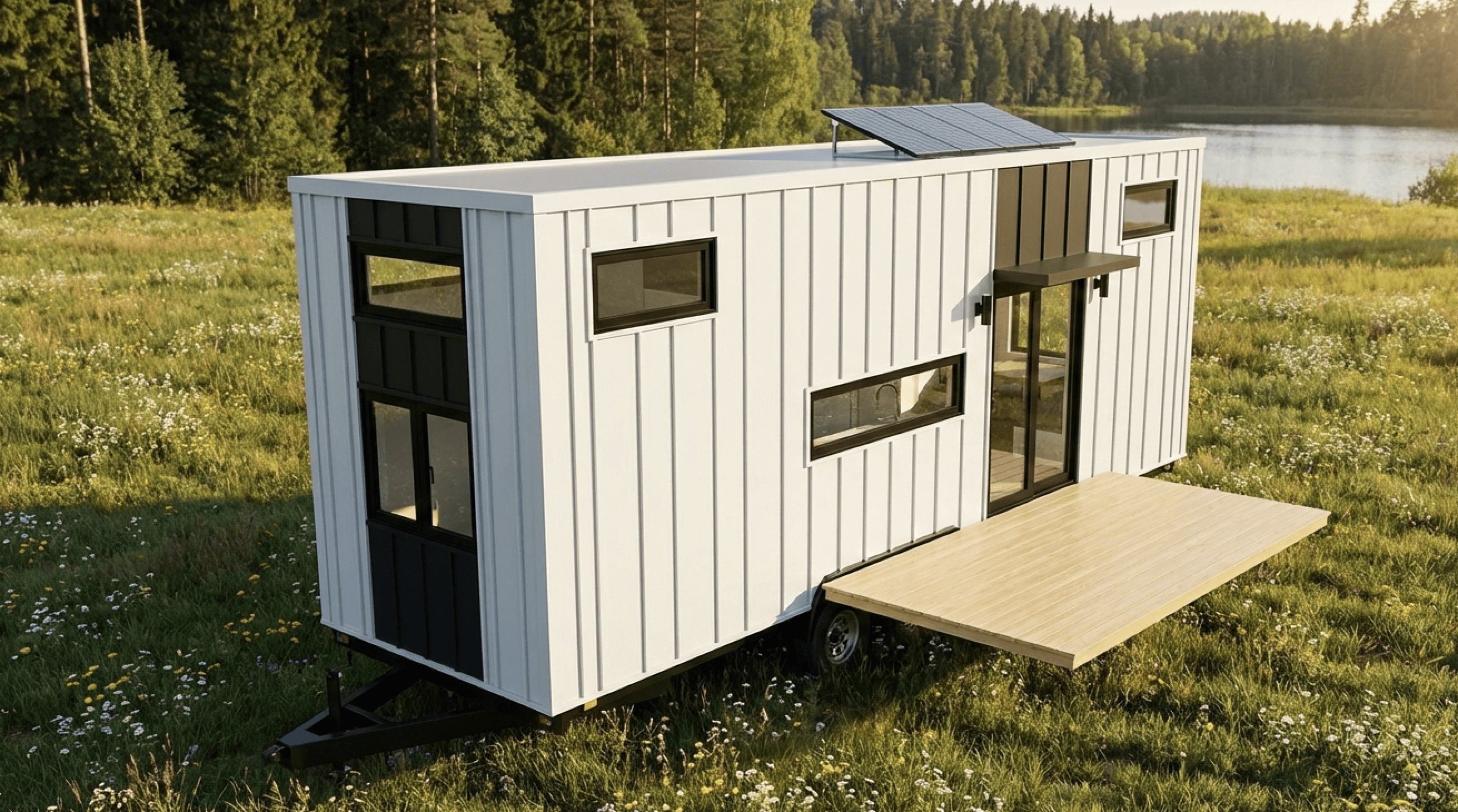 Solar-powered tiny home on wheels with fold-down deck in open meadow