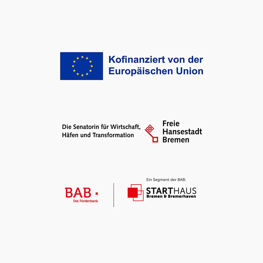 Logos der Europäische Union, der Senatorin für Wirtschaft, Häfen und Transformation Bremen, sowie Bab und des Starthaus Bremens