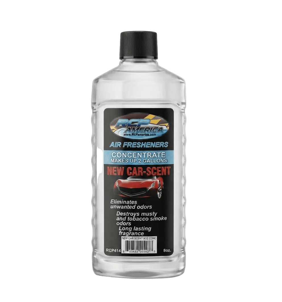 A 8oz bottle of Air America Air Fresheners Concentrate Make-Up Fluid in New Car-Scent, featuring a black cap and a black label with red and blue text, set against a light gray background.