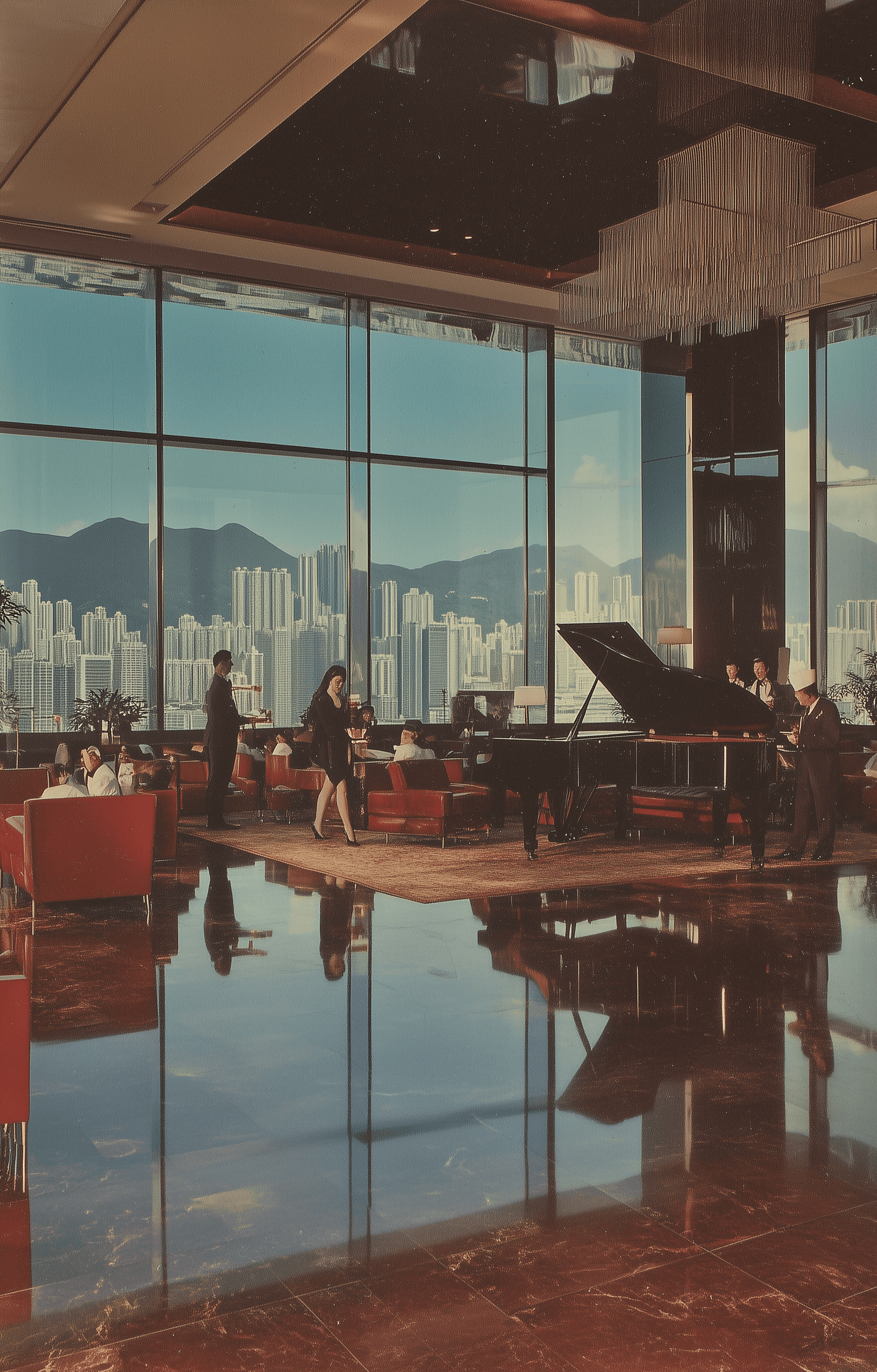 An old magazine photograph of the lobby at the Marco Wong Hotel. The image shows a window-side lounge area with chairs and a bar in the foreground, and large glass windows overlooking the Hong Kong skyline under a uniform blue sky. Hotel staff are serving drinks to guests, and a large black grand piano with a red leather sofa underneath is reflected on the floor, in the style of David LaChapelle.