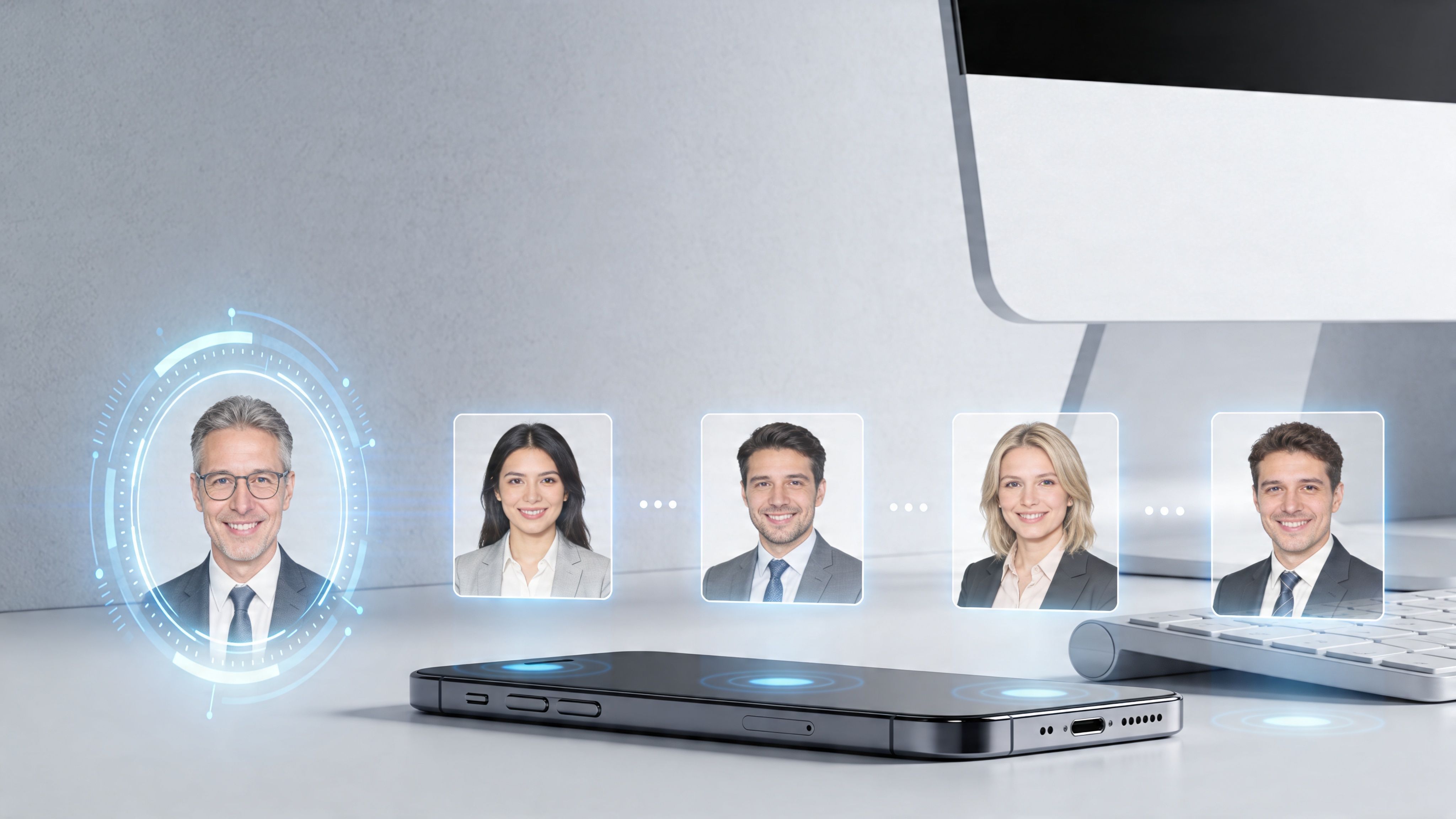 Digitale Gesichtserkennungstechnologie mit Fotos von Business-Fachleuten, die über einem Smartphone auf einem Büroschreibtisch schweben.