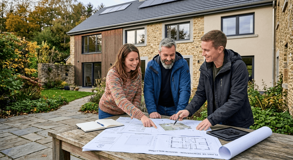 Propriétaires consultant leur projet de rénovation énergétique avec accompagnement pour les primes et aides disponibles.