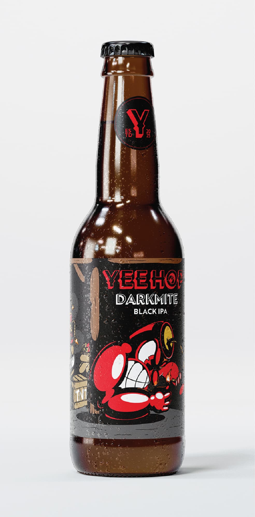 YeeHop Darkmite Black IPA bottle, featuring playful rubber-hose–style artwork of a menacing dynamite character.
