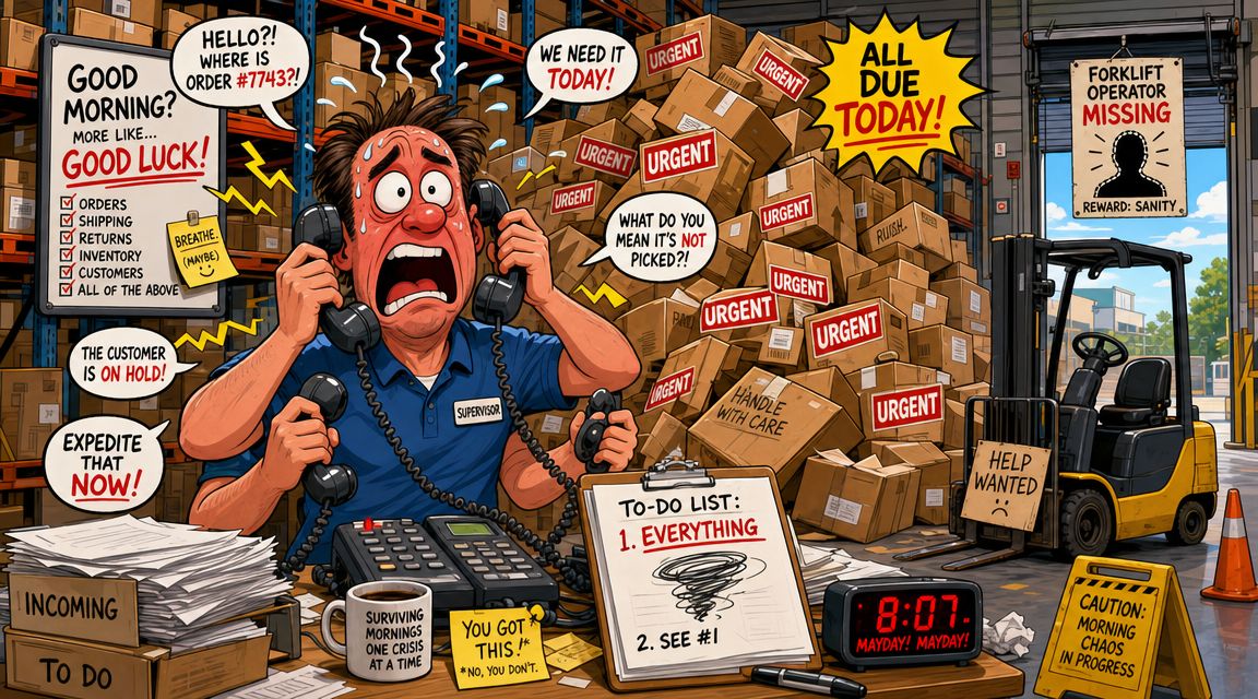 A stressed warehouse supervisor overwhelmed with calls, urgent shipping tasks, and a missing forklift operator in chaos.