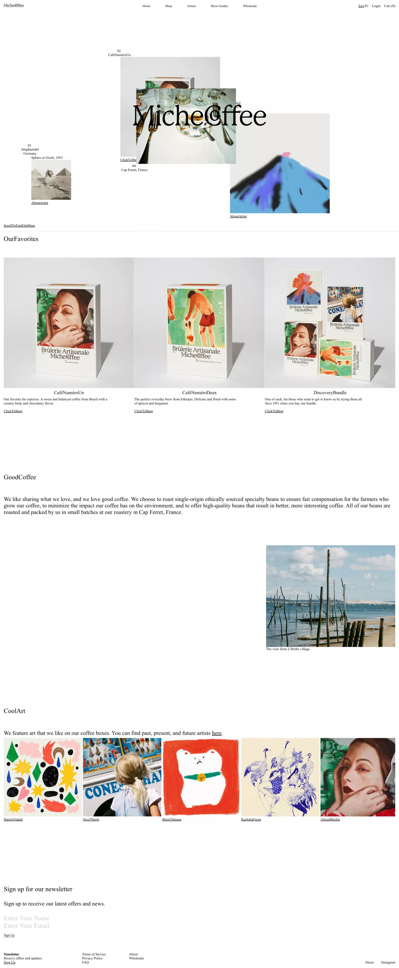 Miche Coffee ecommerce page screenshot showcasing Food & Drinks and Art design