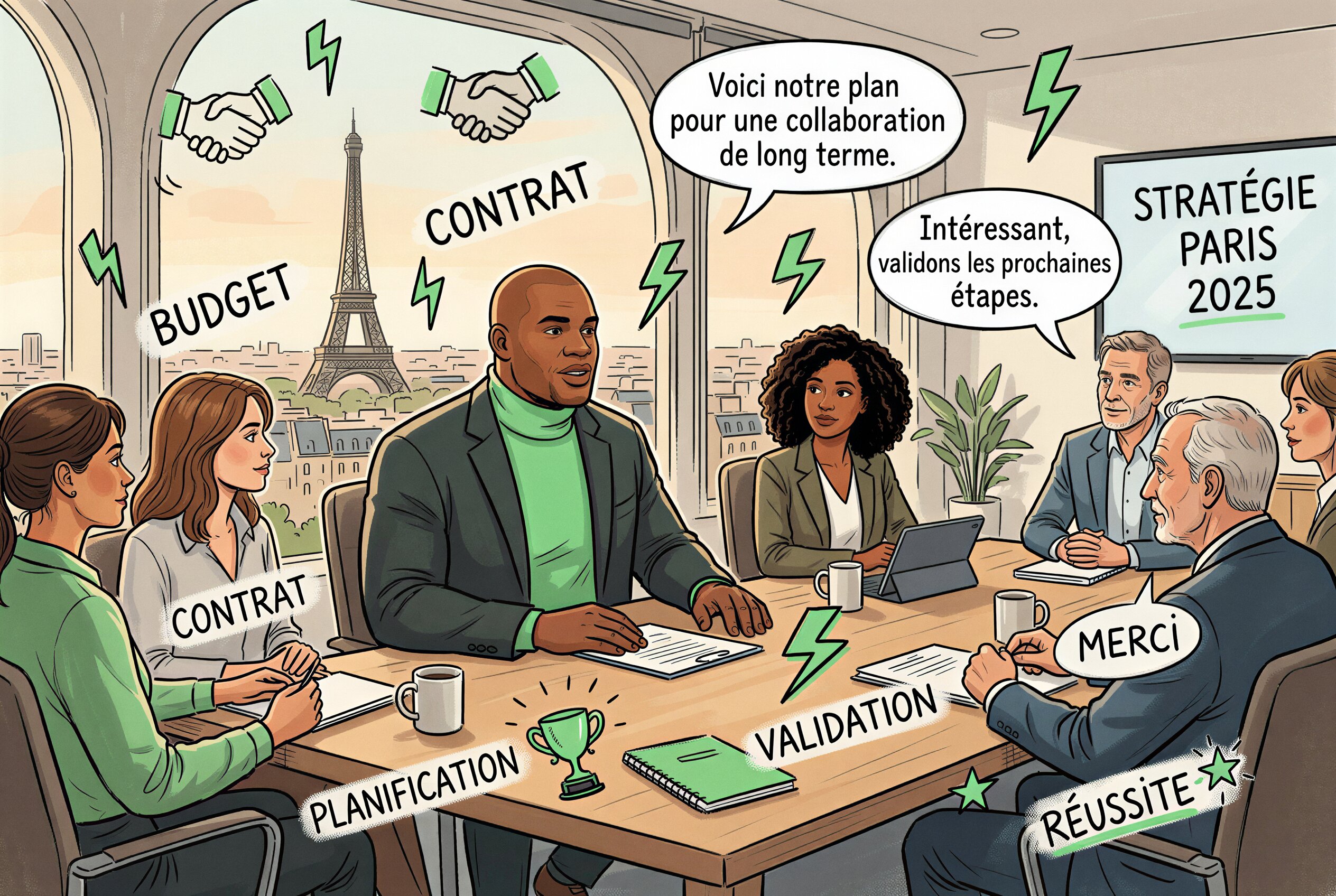 A diverse group of professionals having a business meeting in a modern Paris office with the Eiffel Tower visible through the window, surrounded by French business words like Budget, Contrat, Planification and Réussite, illustrated in an editorial style with green accents.