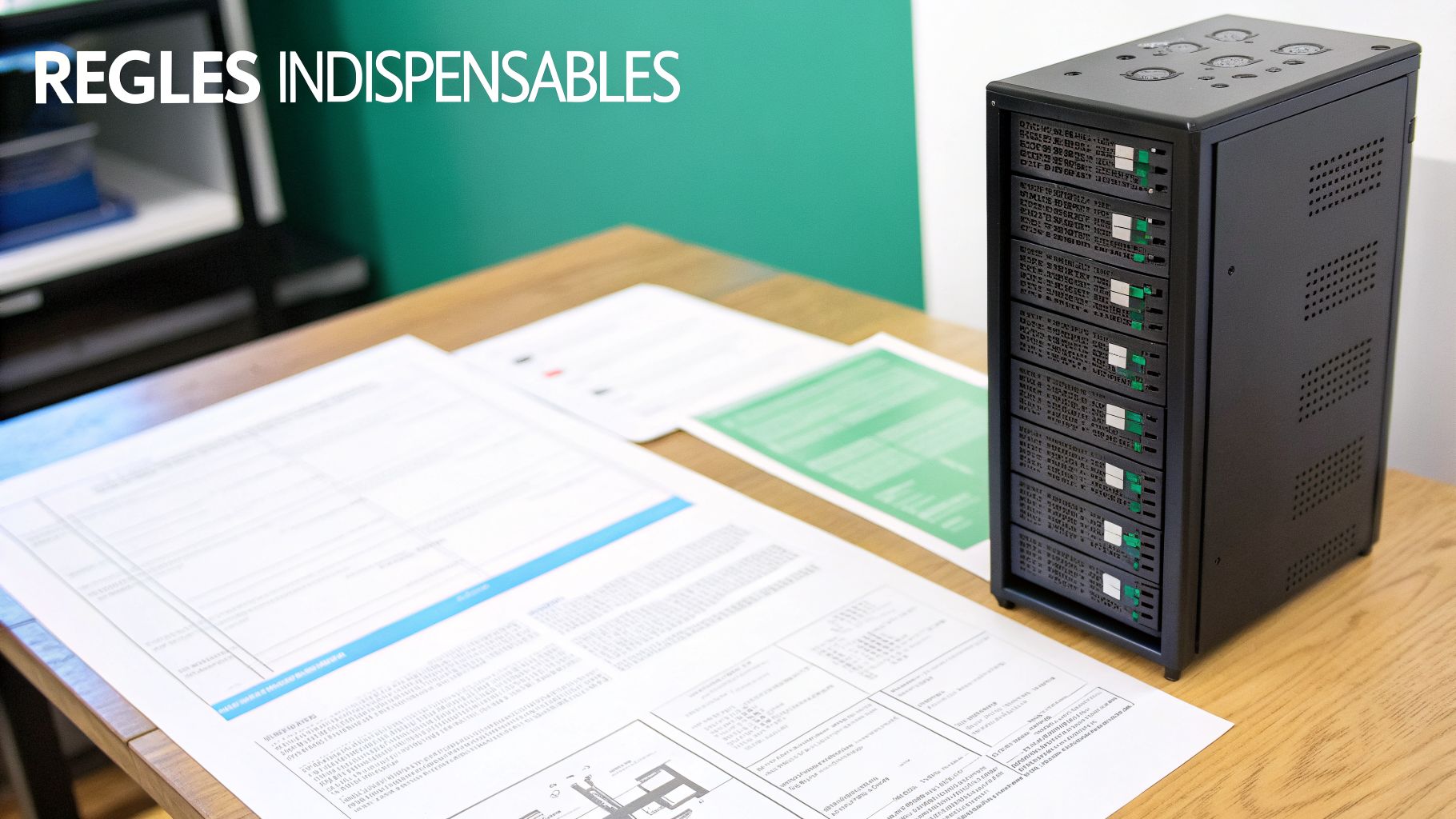 Tour serveur noire sur un bureau en bois avec des documents et un mur vert en arrière-plan.