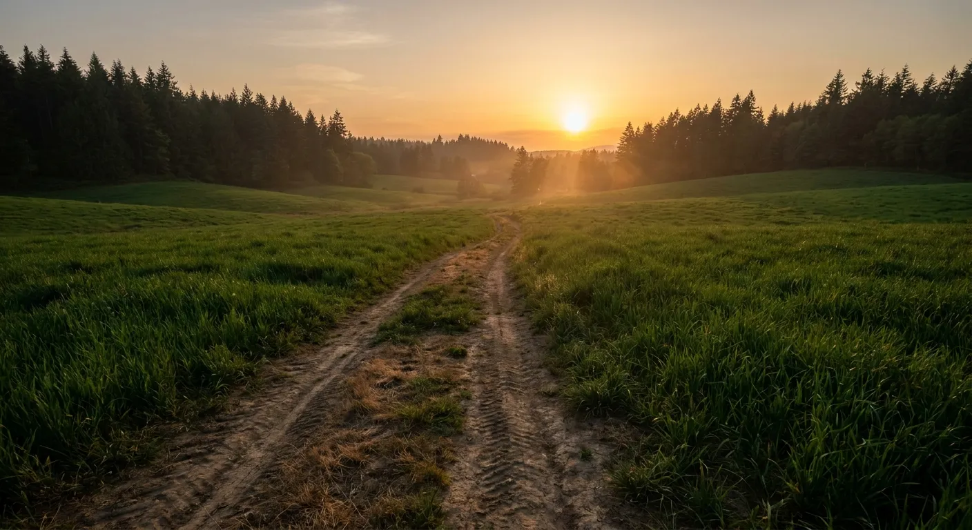 Sunset over grassy path in forest, ideal for RockN' Socials Digital Marketing Agency.