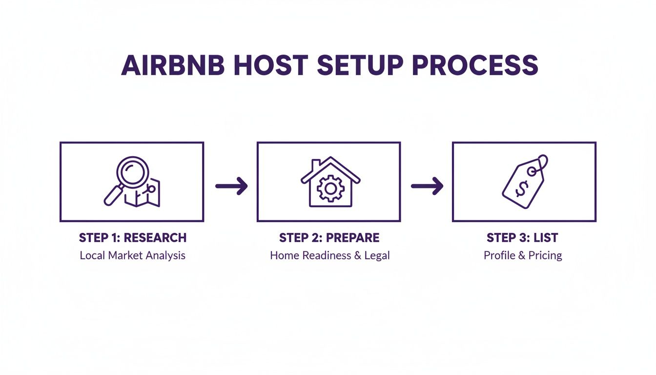 An infographic detailing the three-step Airbnb host setup process: research, prepare, and list.
