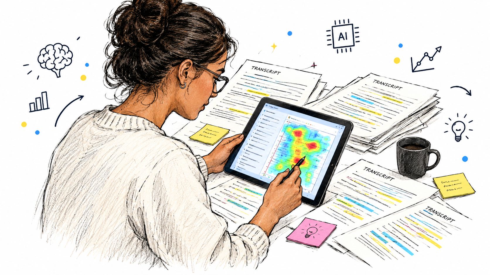 A woman reviewing transcripts and data analytics on a tablet at a desk, illustrating document analysis.