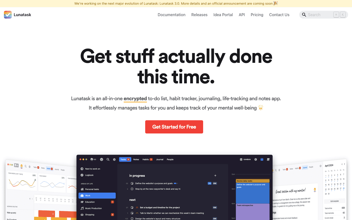 Lunatask task manager dashboard showing tasks, habits, and mood tracking
