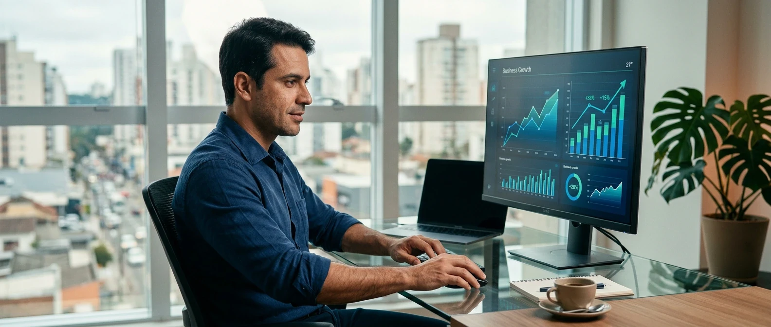 Empresário brasileiro em escritório moderno analisando gráficos de crescimento econômico no computador, representando o acompanhamento do PIB e dados do IBGE sobre Uberlândia