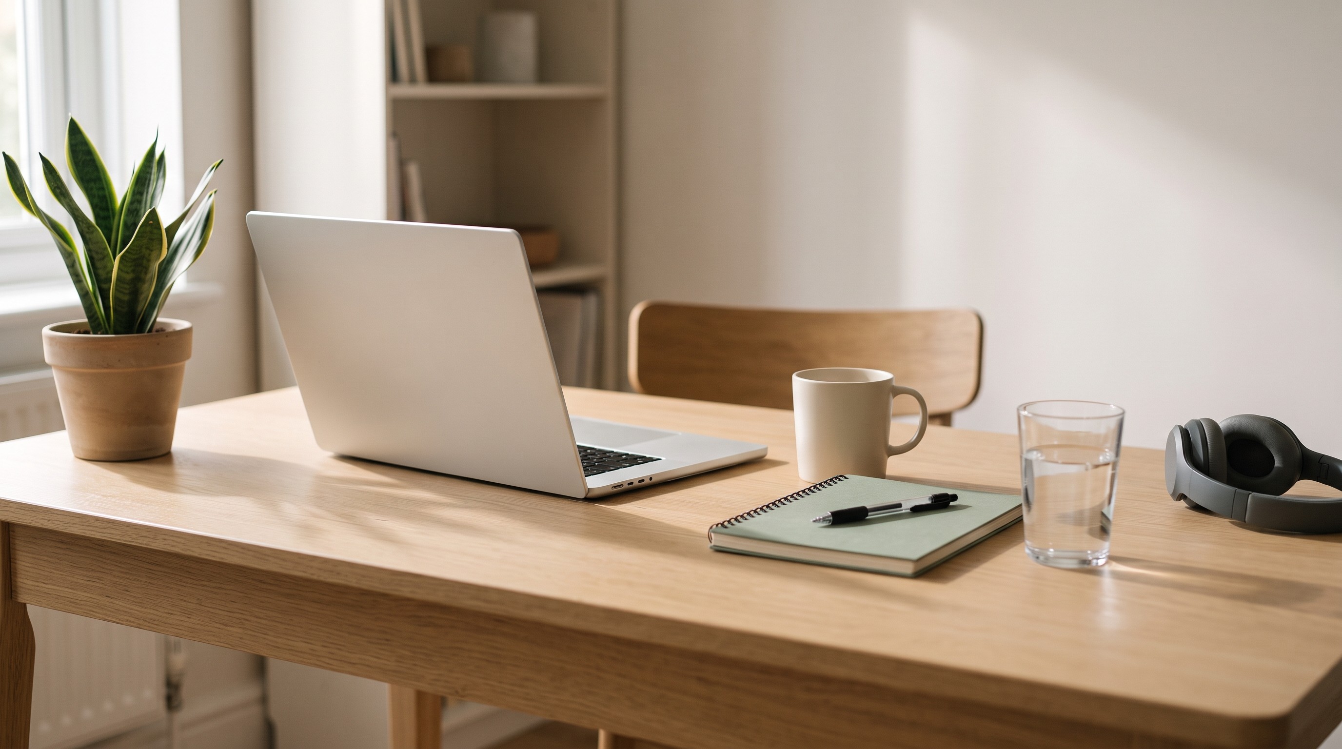 A tidy home workspace with an open laptop, notebook, and mug in soft morning light, set up for a telehealth appointment.