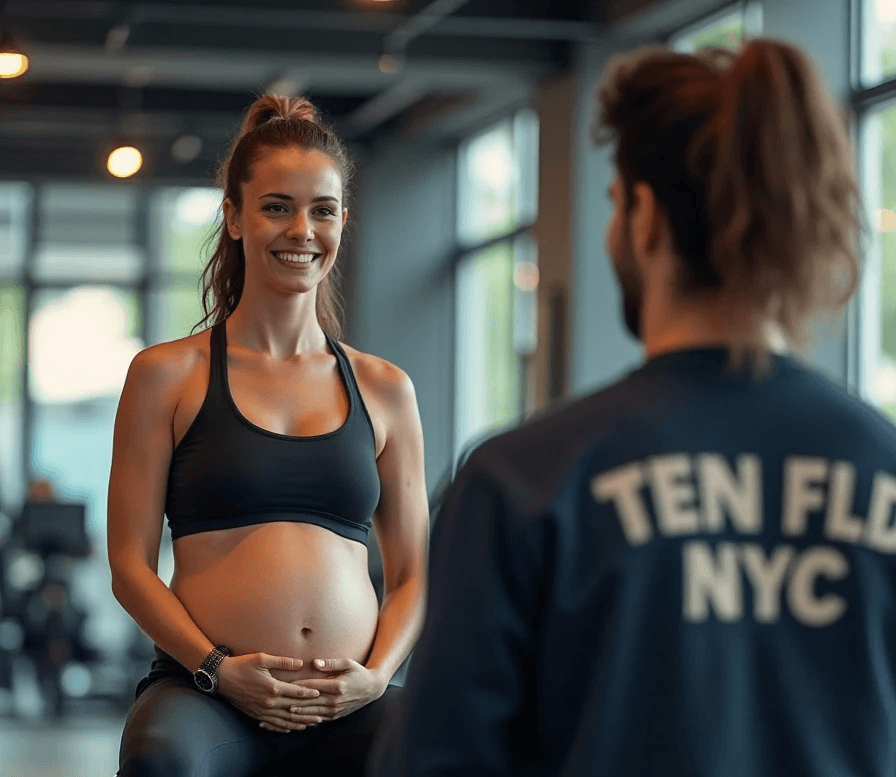 Pregnant women with her Ten Fld Personal trainer doing exercise on a stability ball