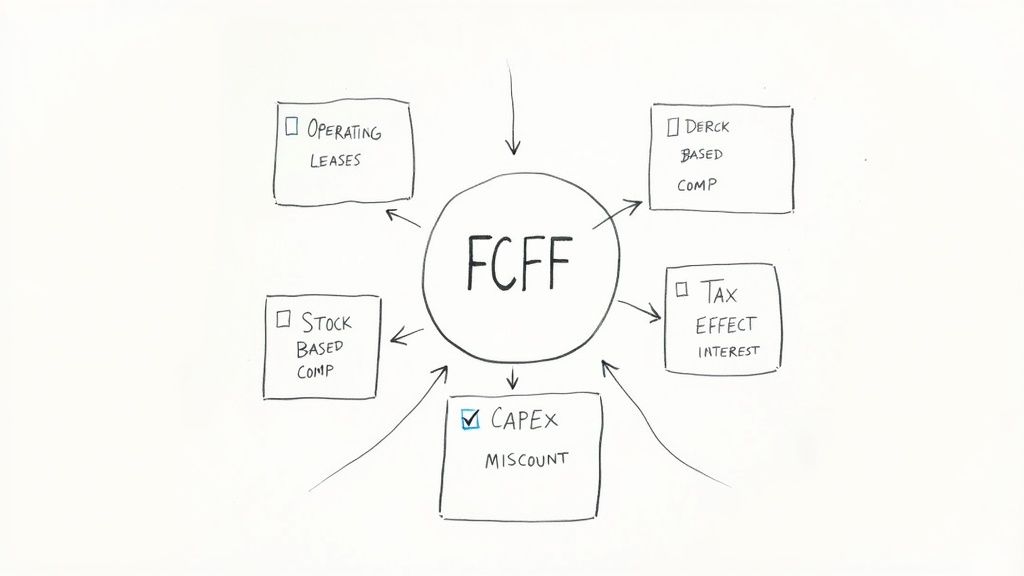 Diagram showing Free Cash Flow to Firm (FCFF) and related factors like leases, compensation, tax, and capex.