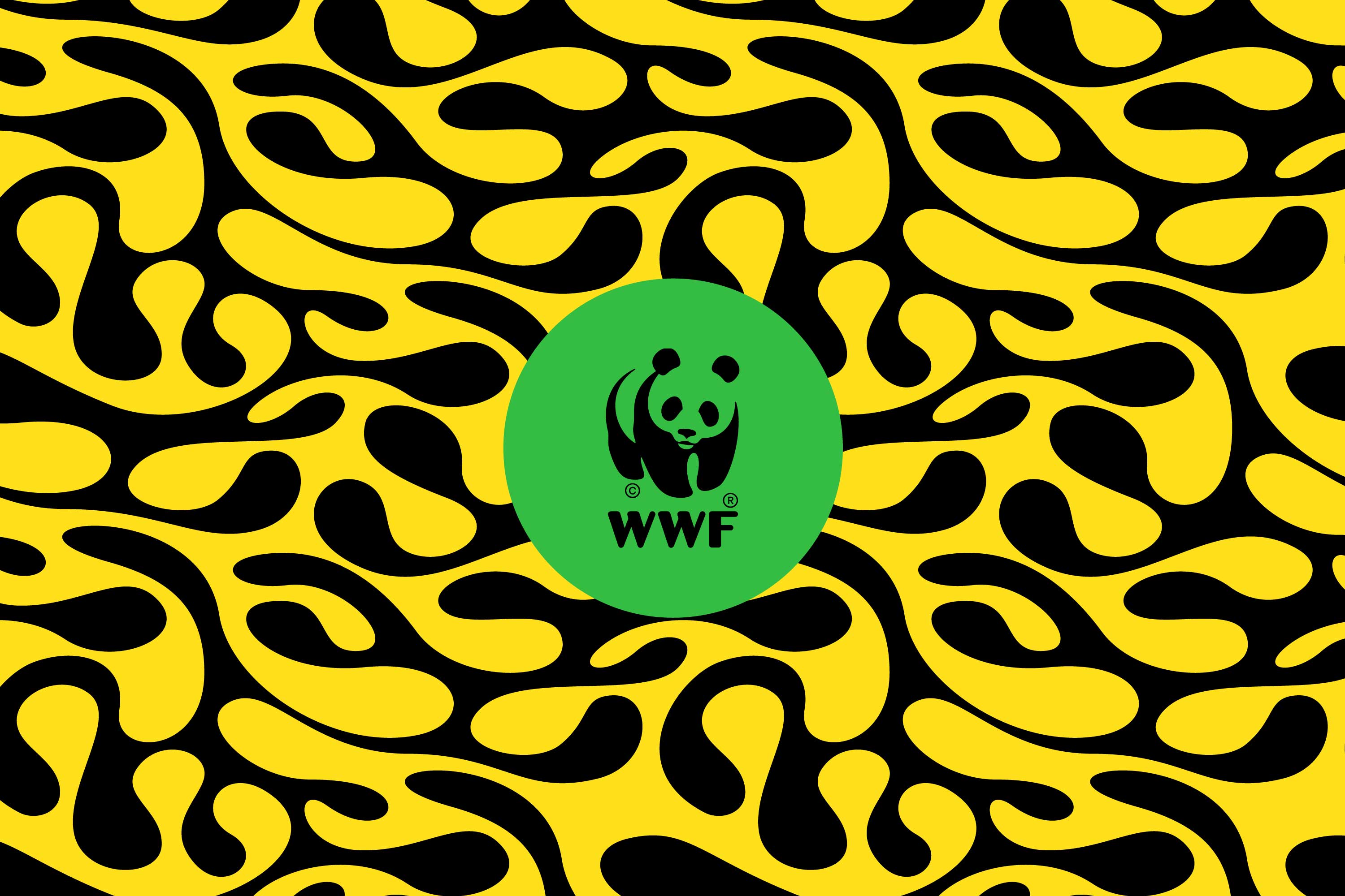 Environment impact: The WWF panda logo centered over a vibrant, abstract yellow and black organic graphic pattern.
