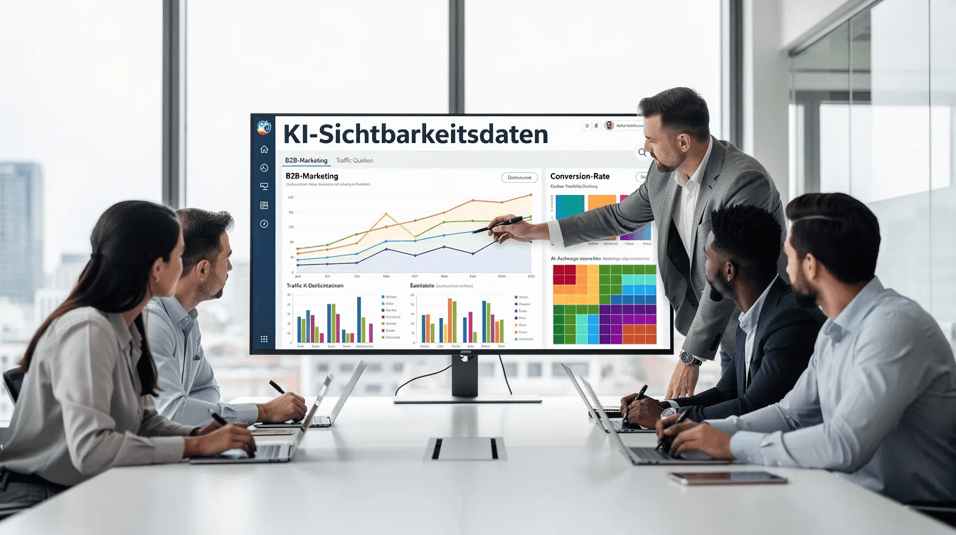 Ein B2B-Marketing-Team untersucht auf einem modernen Dashboard die KI-Sichtbarkeitsdaten, um die Effektivität ihrer B2B-SEO-Strategie zu optimieren. Die Analyse umfasst verschiedene Aspekte der KI-Suche und deren Auswirkungen auf die Sichtbarkeit der B2B-Website in Suchmaschinen.