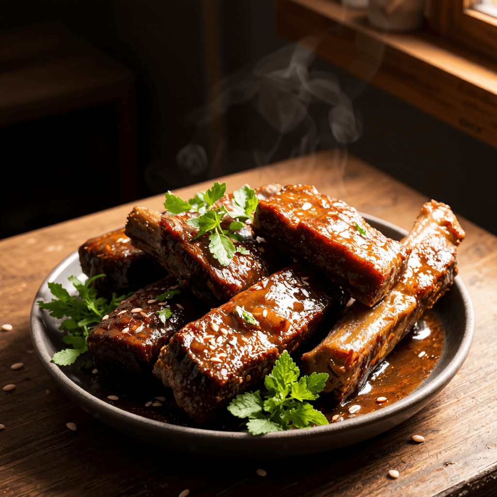 product photography of a plate of marinated beef ribs