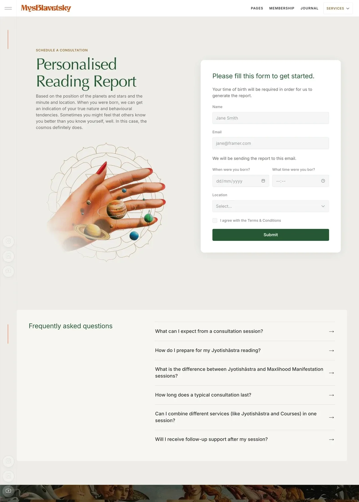 Screenshot of the MysBlavatsky Consultation page