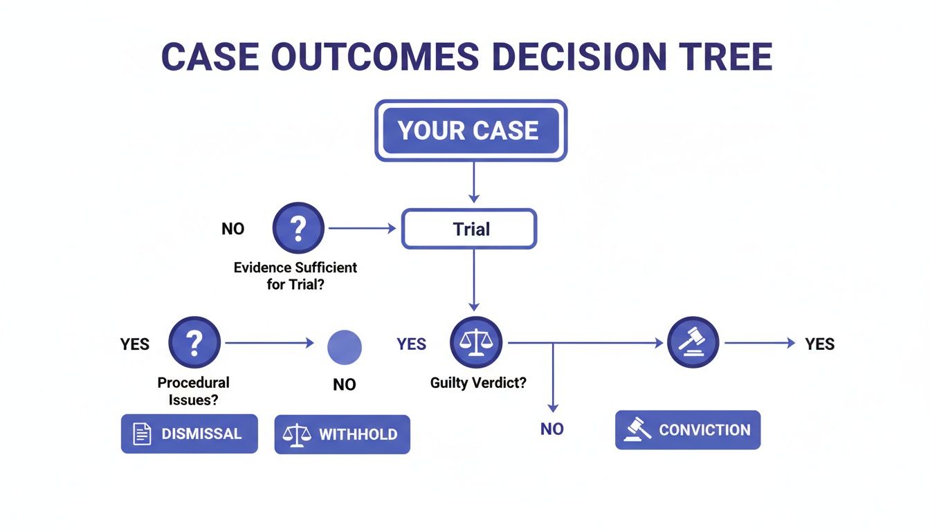 Flowchart illustrating a legal case outcomes decision tree, detailing paths like trial, dismissal, and conviction.