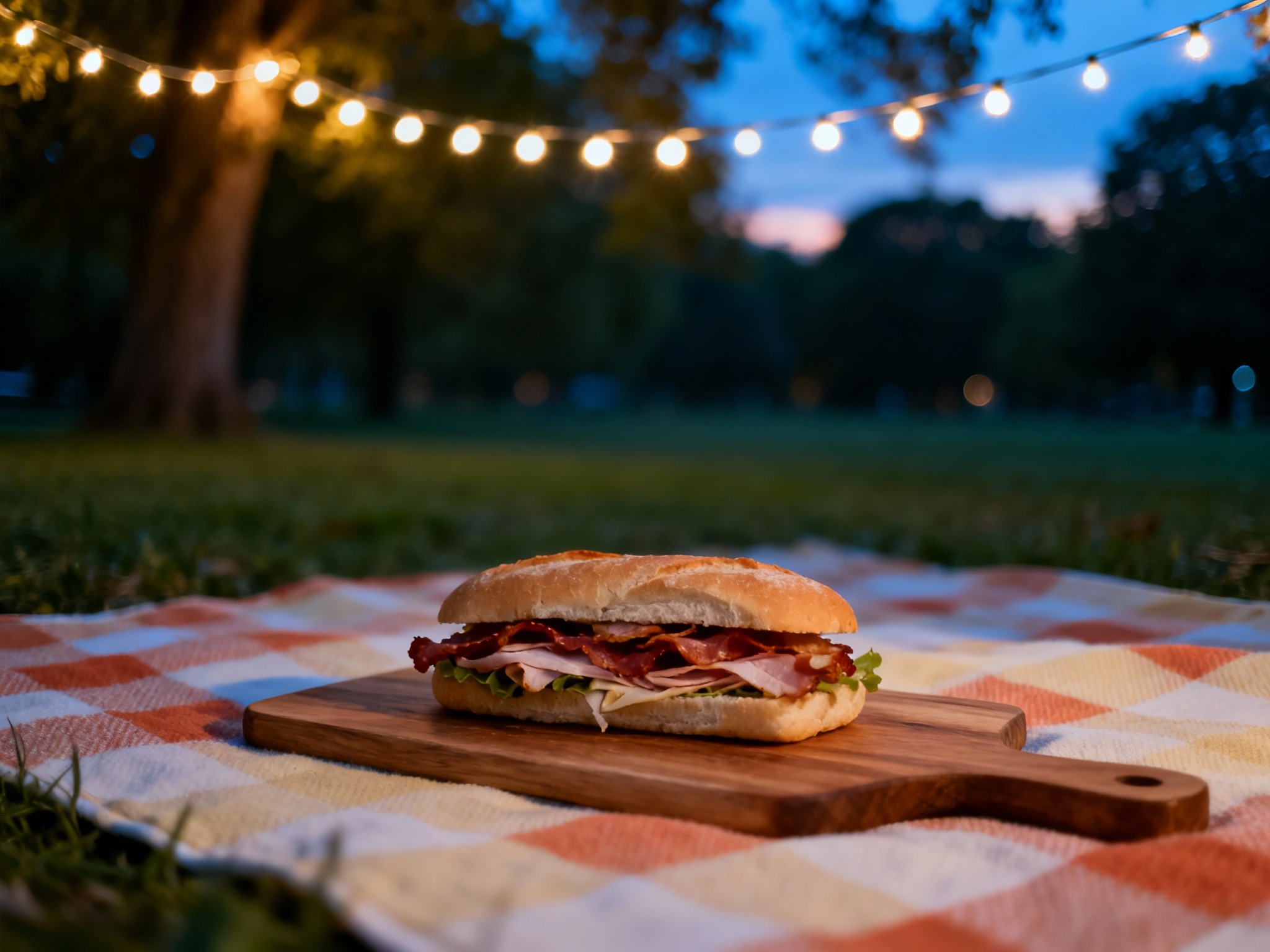 A serene view of a picnic setting at dusk in a lush park, centered on a wooden board topped with