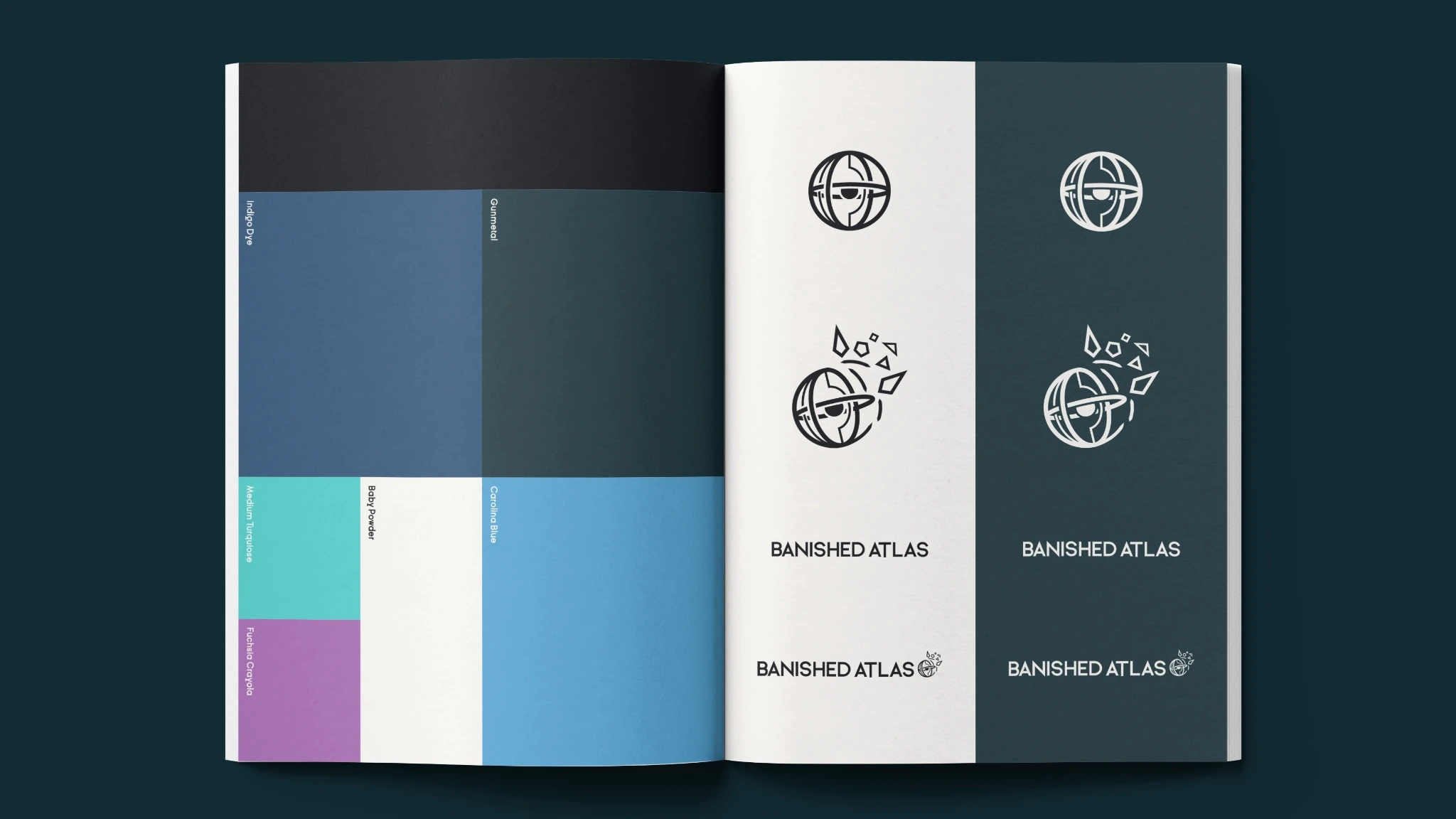 Open booklet with Banished Atlas brand colours and logo variations printed on the pages.