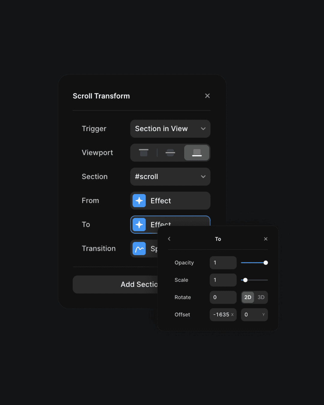 Interface panel for Scroll Transform settings in Framer, showing options for triggers, viewport alignment, and scroll effects with adjustable opacity and scale