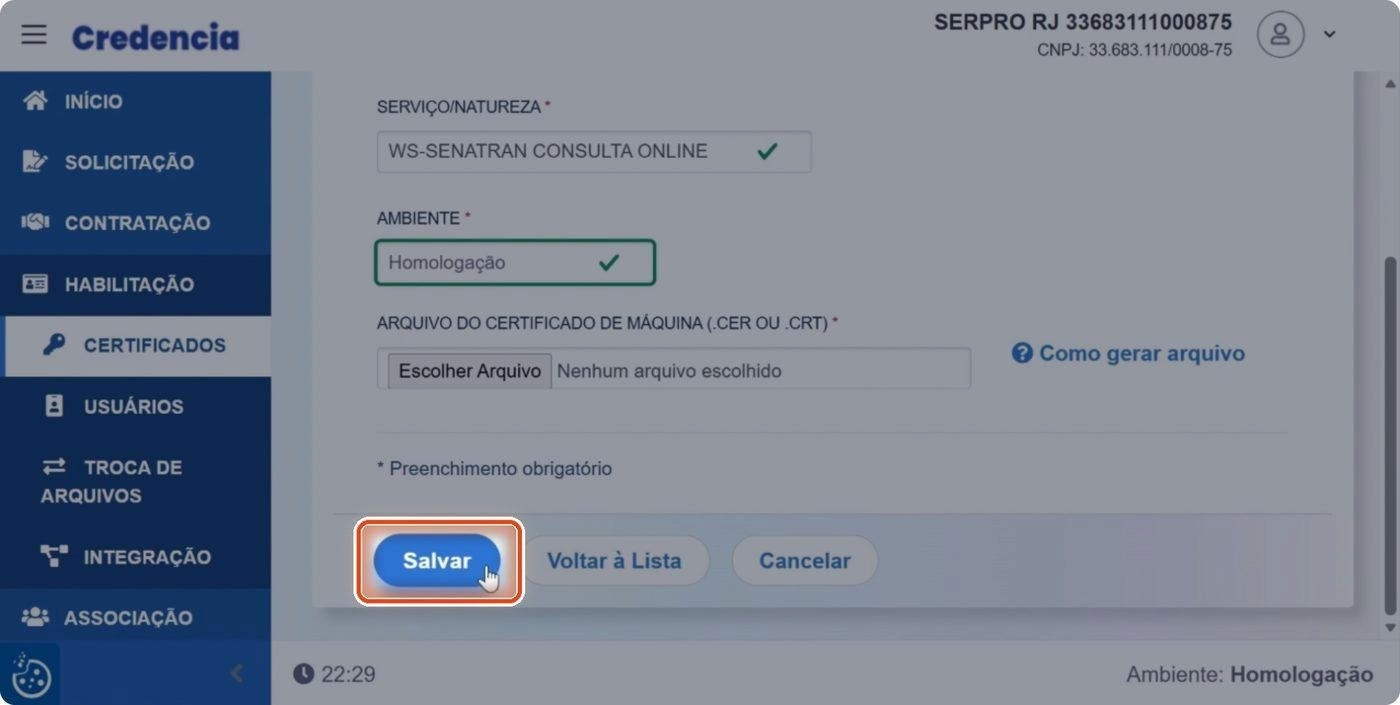 Captura de tela de referência do Credencia para Passo 6 — Salvar a habilitação. Contexto: 39 — Habilitação.