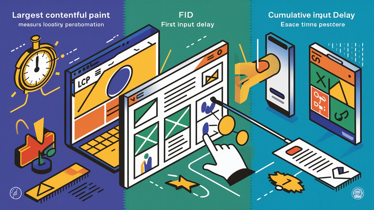 Design an infographic that explains the three Core Web Essentials metrics. Use icons to represent each metric (a speedometer for LCP, a mouse click for FID, and a stable image for CLS) along with brief descriptions