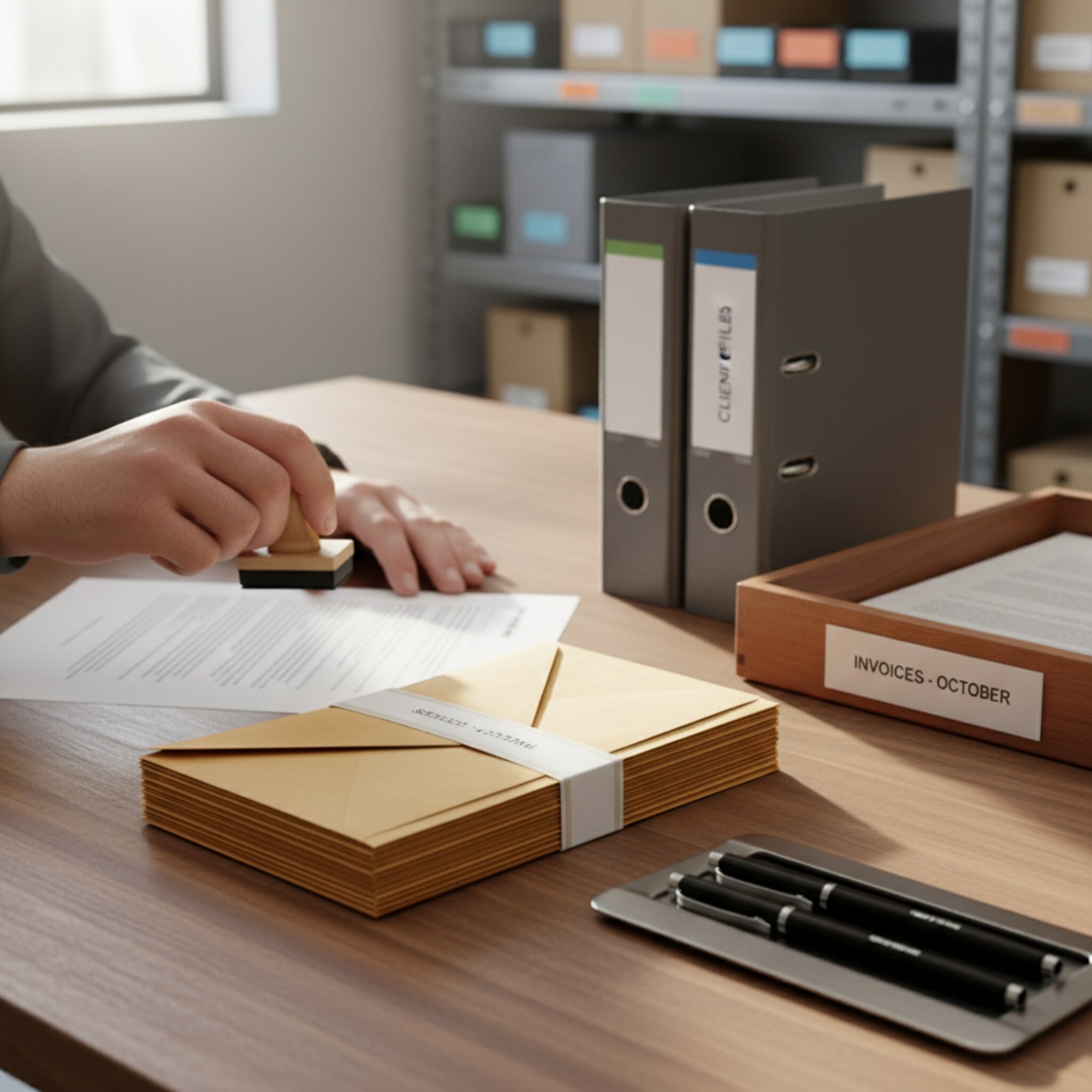 Auf einem aufgeräumten Schreibtisch liegen sauber gestapelte Briefumschläge neben einem beschrifteten Ordner. Eine Person setzt einen dezenten Stempel auf ein Dokument und schiebt es zur Ablage. Warmes Licht schafft eine ruhige, konzentrierte Stimmung. Die Szene wirkt zuverlässig und strukturiert.