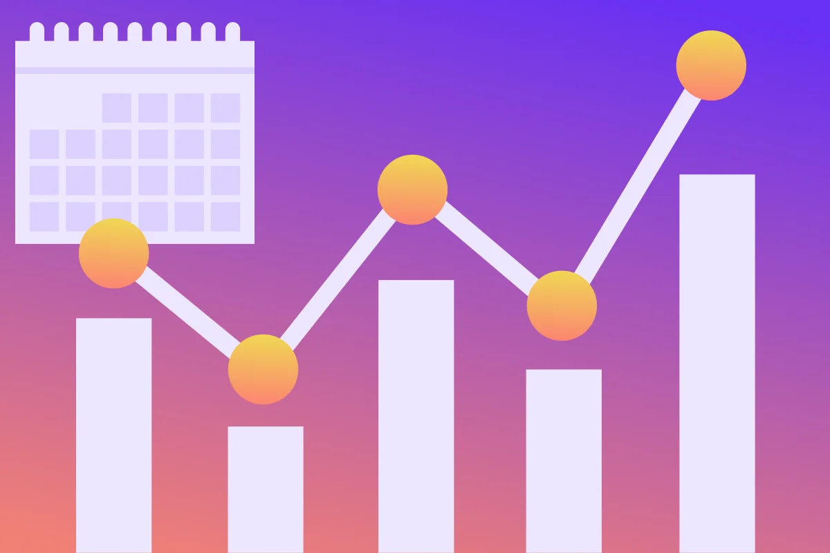 Graph showing a rising trend over time with a calendar icon in the corner on a gradient background.