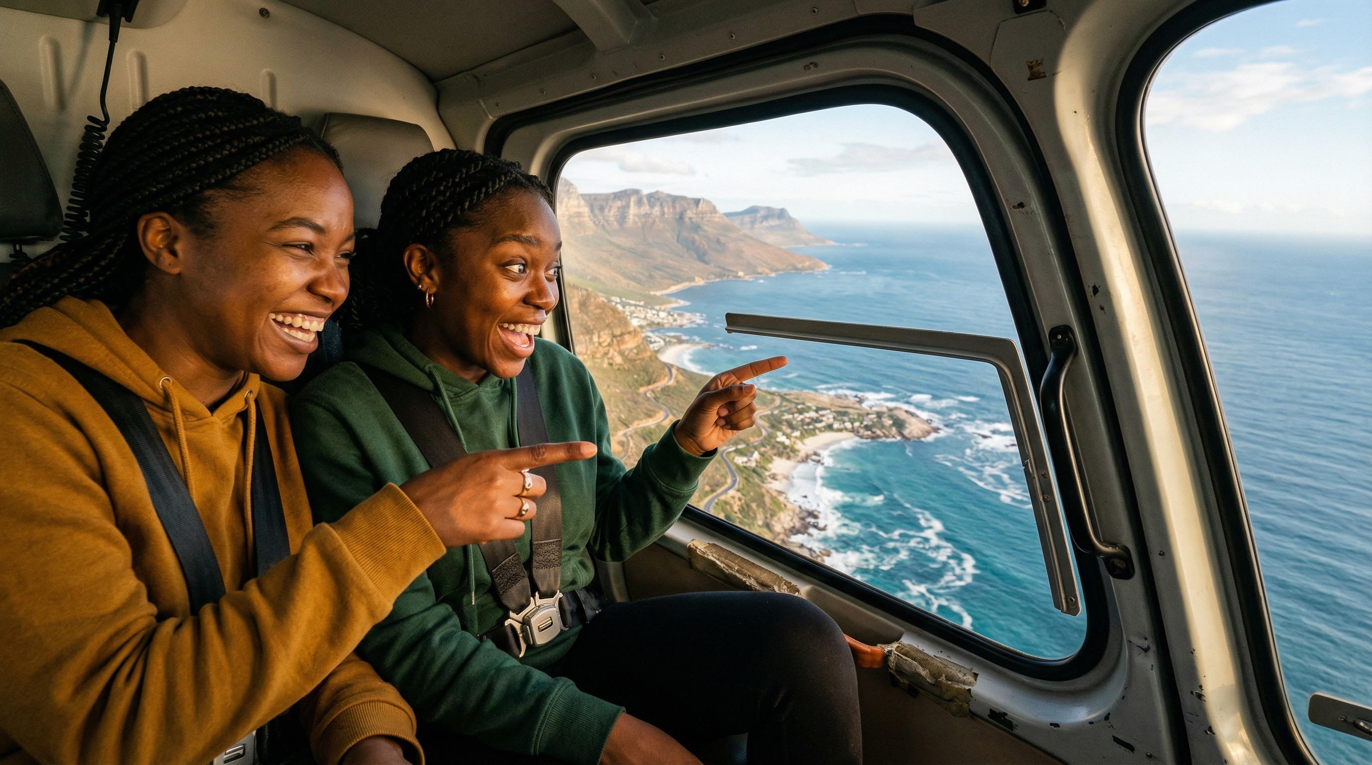 Two friends looking down at the Cape Peninsula coastline through a helicopter window with excitement on their faces