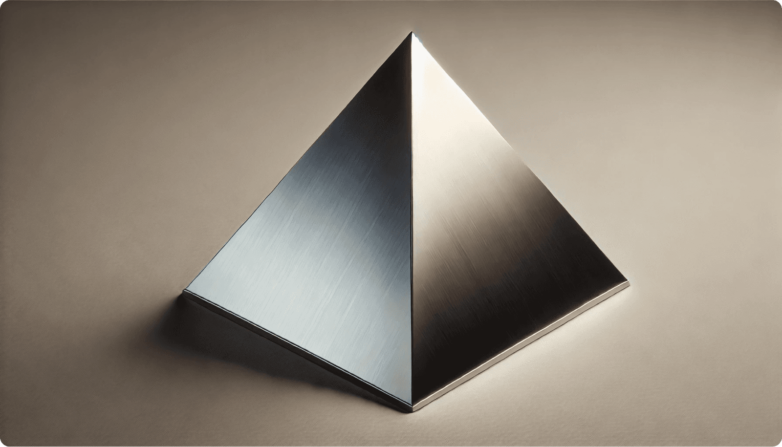 A metallic and minimalist pyramid referencing ponzi schemes