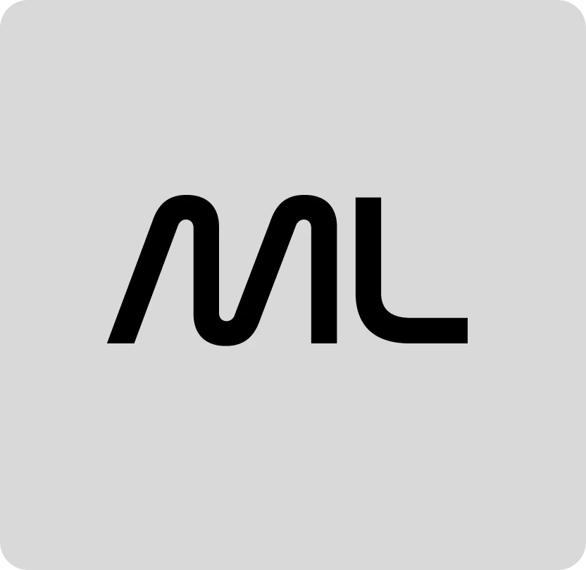 A rounded single-stroke "ML" monogram in black on light grey.