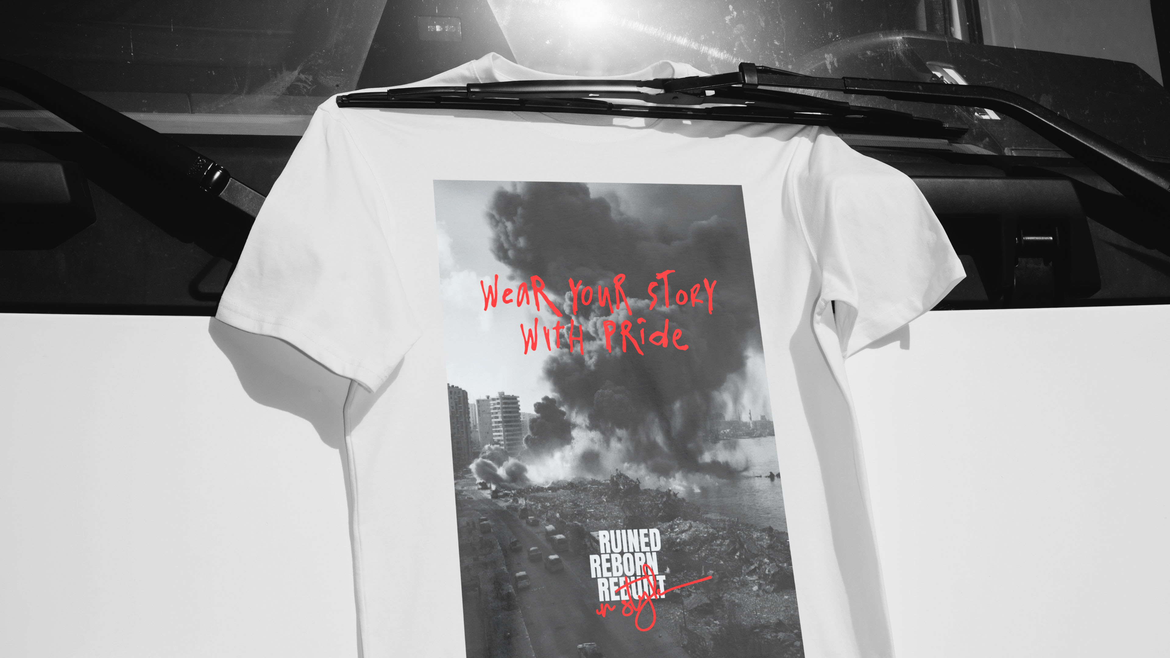 beirut tshirt rooted in Lebanon's resilient history with a tagline Ruined Reborn Rebuilt