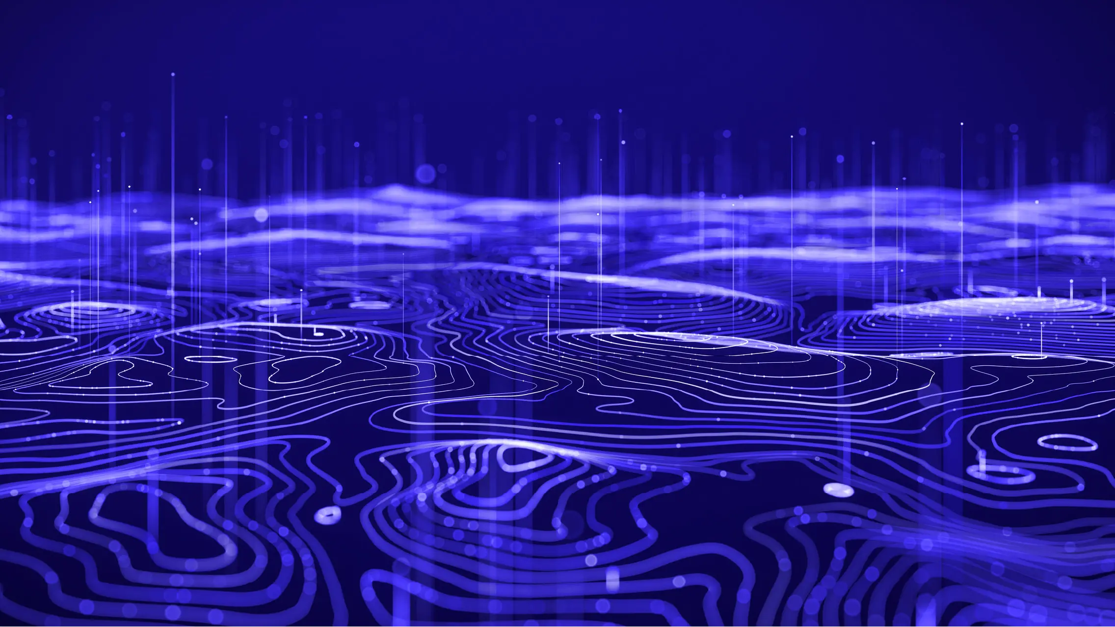 A digital landscape of glowing blue fingerprint-like circuit patterns with vertical data streams rising into the background, representing the layered relationship between identity verification and runtime authorization in AI agent security.