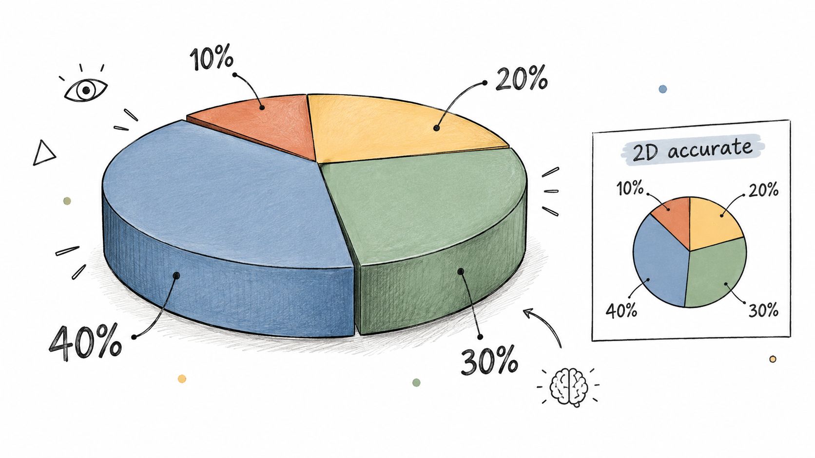 A 3D perspective-distorted pie chart comparing visual perception against an accurate 2D representation of data.